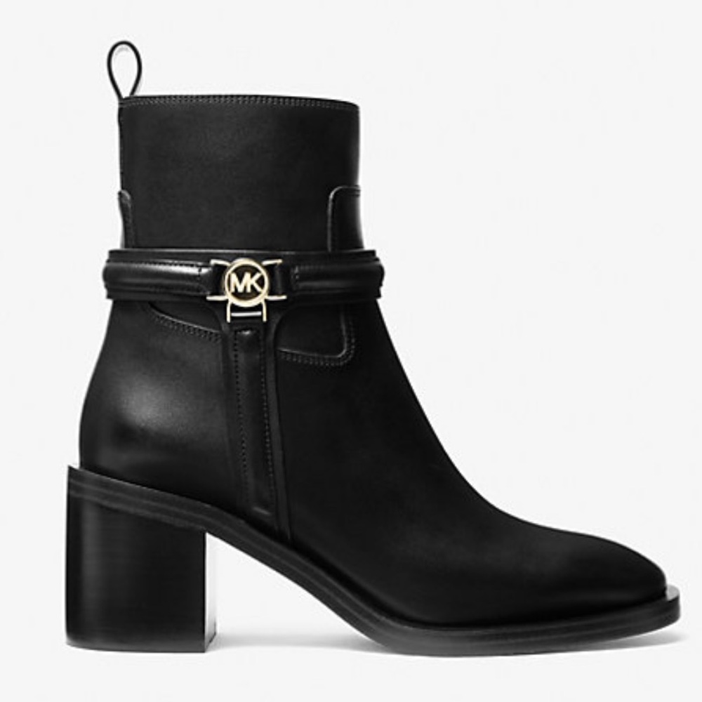 Michael Kors NWT Mindy Leather Ankle Block Heeled Boots with Gold Hardware - Picture 3 of 9